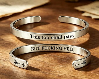 Personalized Engraved Cuff Bracelet,Secret Message Open Bangle,This Too Shall Pass Funny Quote Jewelry, Anxiety Relief Gift for Women Friend