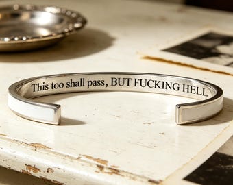 Bracciale personalizzato con messaggio segreto: personalizzato Anche questo passerà, ma accidenti Bracciale aperto in oro rosa Divertente Regalo di gioielli per tempi difficili