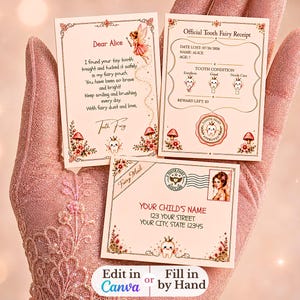 Può includere: Tre carte rettangolari con sfondo color crema e illustrazioni di fiori e funghi. Una carta è una lettera per Alice, una è una ricevuta ufficiale della fatina dei denti con una ricompensa di 3 dollari e una è una busta Fairy Mail con indirizzo.