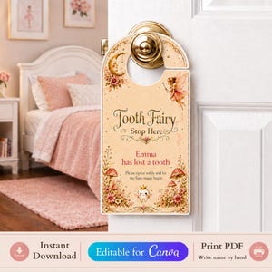 Personalized Tooth Fairy Door Hanger Template, Door Knob Sign, Editable in Canva, Printable PDF