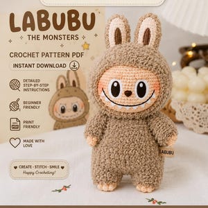 May include: A brown crocheted Labubu monster doll with long ears, a peach-colored face, and a wide grin with visible teeth. The text on the image includes PatternversePK, Labubu The Monsters, Crochet Pattern PDF, and Instant Download.