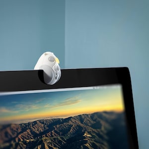 May include: A white owl-shaped webcam cover sits on top of a laptop computer screen. The laptop screen shows a scenic view of mountains and a cloudy sky.
