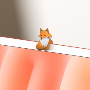 May include: Orange and white fox bookmark with a sleeping expression. The fox is curled up with its tail wrapped around its body.