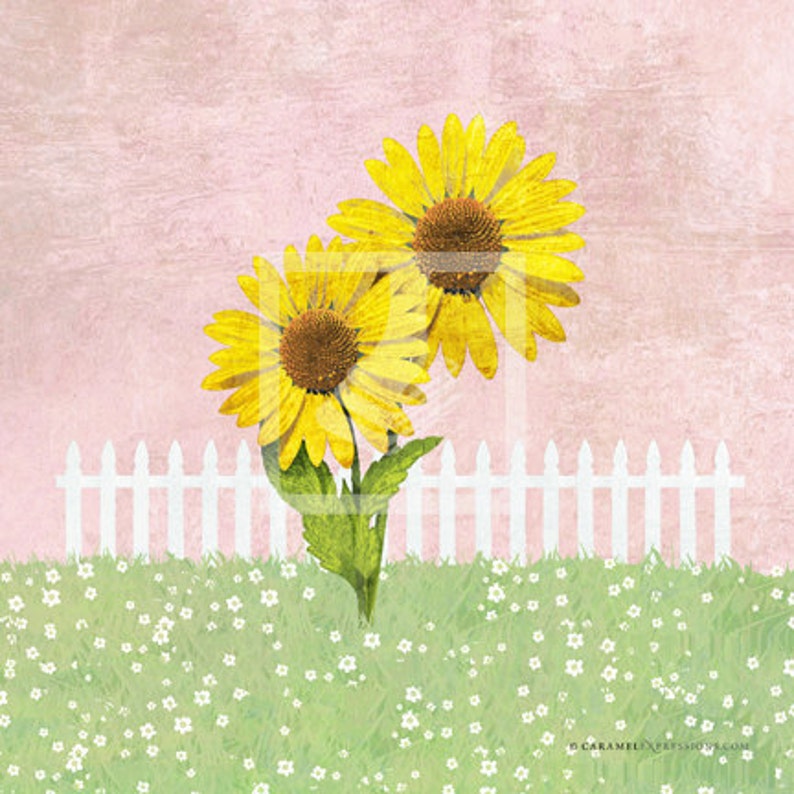 Garden Pink Sunflower Umbrella Wall Art Room Decor Print ...