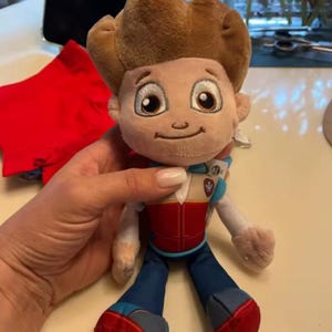 May include: A plush toy character with brown hair, large embroidered eyes, and a smiling expression. The figure wears a red and white vest with blue accents over a white shirt, paired with dark blue pants and red shoes with grey detailing.