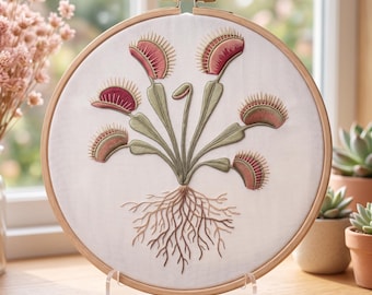 カスタマイズパターン、ハエトリソウ刺繍フープキット、食虫植物刺繍パターン、コテージコア植物クラフトキット、マインドフルハンドステッチ