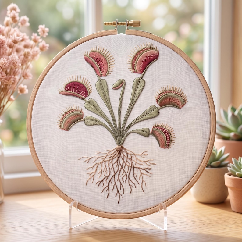 Customized pattern,Venus Flytrap Embroidery Hoop Kit,Carnivorous Plant Embroidery Pattern,Cottagecore Plant Craft Kit,Mindful Hand Stitching image 1