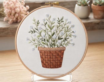 Customized pattern,Mini Potted Plant Embroidery Hoop Kit, Tiny Green Leaf Forget Me Not Floral Cottagecore Craft Gift, Calming Nature Home