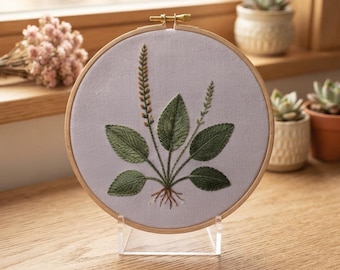 カスタマイズ可能なパターン、オオバコハーブ刺繍フープキット、ミニマルな植物の緑の葉のコテージコアクラフトギフト、植物愛好家向け、心を落ち着かせる自然
