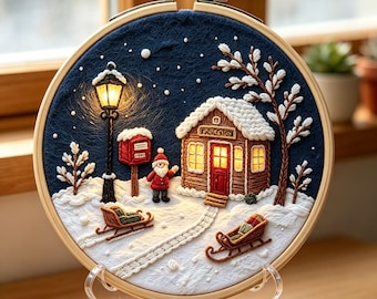 カスタマイズ可能なパターン、冬のクリスマスビレッジ刺繍キット - 居心地の良い雪の家サンタのDIYフープクラフトギフト（彼女へのプレゼント） - 穏やかな休日の夜のソーイング