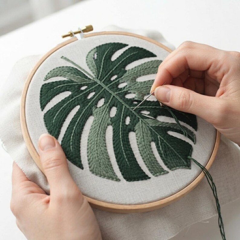 May include: A round wooden embroidery hoop containing a piece of off-white fabric with a hand-stitched monstera leaf design. The leaf is embroidered using various shades of dark and forest green thread, featuring detailed cut-out leaf segments.