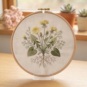 Customized pattern,Dandelion Wildflower Root Embroidery Hoop Kit,Cottagecore Botanical Embroidery Art,Nature Floral Stitch Kit,Mindful Craft