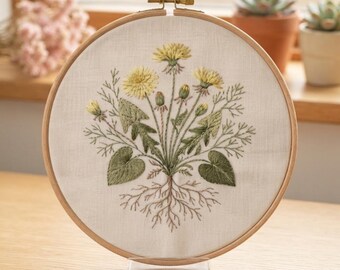 Customized pattern,Dandelion Wildflower Root Embroidery Hoop Kit,Cottagecore Botanical Embroidery Art,Nature Floral Stitch Kit,Mindful Craft