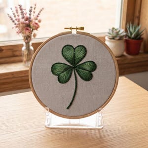 Customized pattern,Three Leaf Clover Embroidery Hoop Art Kit -Minimal Green Shamrock Cottagecore Craft Gift for Her,Calming Mindful Nature