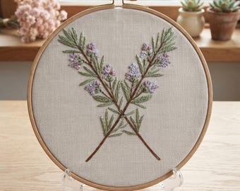 カスタマイズ可能なパターン、ハーブの小枝刺繍フープキット、ラベンダーの植物刺繍パターン、コテージコアのウォールアート、マインドフルな手縫いプロジェクト