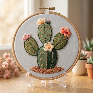 Customized pattern,Cactus Flower Embroidery Kit, 3D Prickly Pear Cactus Cottagecore DIY Craft Gift for Her,Mindful Succulent Stitching Hobby