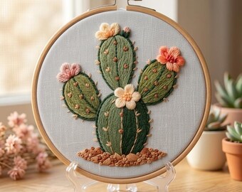 Customized pattern,Cactus Flower Embroidery Kit, 3D Prickly Pear Cactus Cottagecore DIY Craft Gift for Her,Mindful Succulent Stitching Hobby