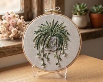 カスタマイズパターン、スパイダープラント刺繍フープキット、垂れ下がる観葉植物のボタニカルステッチアート、ニュートラルなコテージコア植物装飾、マインドフルネス