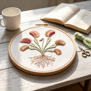 Customized pattern,Venus Flytrap Embroidery Hoop Kit,Carnivorous Plant Embroidery Pattern,Cottagecore Plant Craft Kit,Mindful Hand Stitching image 2
