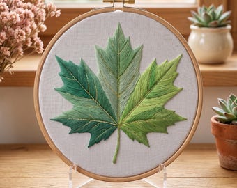 カスタマイズ可能なパターン、緑の葉の刺繍フープアートキット、植物の葉の刺繍パターン、自然コテージコア刺繍ギフト、マインドフルハンド