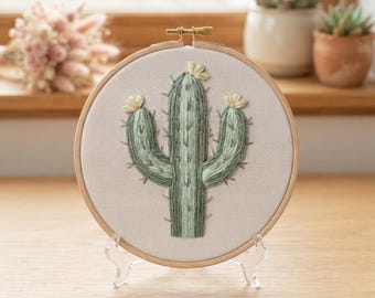 カスタマイズ可能なパターン、サボテンの花の刺繍フープキット、ミニマリスト多肉植物コテージコア刺繍クラフト、植物愛好家へのギフト、心を落ち着かせる