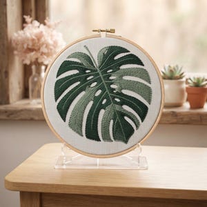 Customized pattern,Monstera Leaf Embroidery Hoop Kit - Minimal Tropical Green Plant Cottagecore Craft Gift For Plant Lovers, Calming Mindful image 1