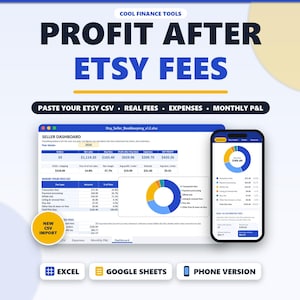 Op de afbeelding: Een digitaal boekhoudprogramma voor Etsy-verkopers met een dashboardweergave met financiële gegevens, cirkeldiagrammen en onkostenregistratie. De interface bevat tekstlabels zoals PROFIT AFTER ETSY FEES, SELLER DASHBOARD en opties voor Excel, Google Sheets en een mobiele versie.