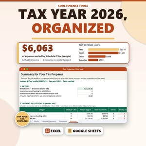 Tax Organizer 2026 Spreadsheet, Small Business Schedule C Expense Tracker, Self Employed Tax Prep Checklist, Excel Google Sheets