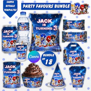 Editable Sonic Party Bundle | Sonic Custom Birthday Decorations | Printable Party Favors | Chip Bag Templates | Instant Canva Download