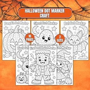 May include: A set of Halloween dot marker craft activity sheets featuring black and white line art of a pumpkin, ghost, bat, cat, Frankenstein, and witch. The pages include text labels for each character and indicate 10 pages and 2 sizes.