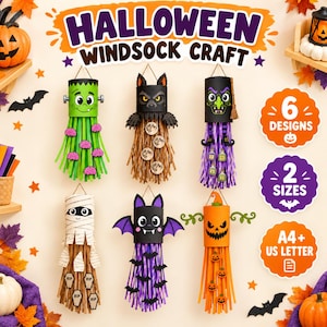 May include: Six Halloween windsock craft designs featuring a green monster, a black bat, a witch, a white mummy, a purple bat, and an orange jack-o'-lantern. The image includes text stating HALLOWEEN WINDSOCK CRAFT, 6 DESIGNS, 2 SIZES, and A4+ US LETTER.