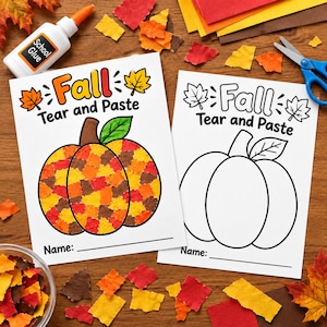 May include: Two white paper activity sheets titled Fall Tear and Paste with pumpkin outlines. One sheet features a pumpkin filled with colorful torn paper scraps in red, orange, yellow, and brown. Includes a glue bottle and blue scissors.