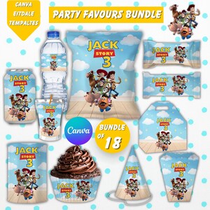 May include: A digital party favors bundle featuring Toy Story characters and the text Jack Story 3. The set includes labels for water bottles, chip bags, candy bars, cupcake wrappers, party hats, and favor boxes, all with a blue sky background.