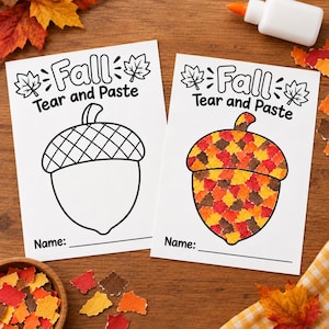 Puede incluir: Dos hojas de actividades de papel blanco con el texto Fall Tear and Paste y el contorno de una bellota. Una hoja muestra una bellota vacía, mientras que la otra presenta una bellota rellena de pequeños cuadrados de papel de colores rojo, naranja y amarillo.