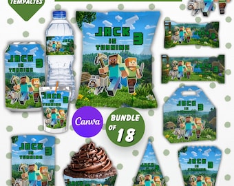 Kit di compleanno per artigiani, bomboniere personalizzabili per artigiani, sacchetto per patatine, etichetta per succo, bottiglia d'acqua, involucro per barretta di cioccolato, etichetta di ringraziamento, Canva
