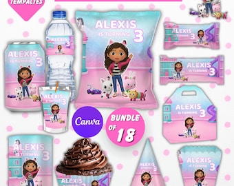 Gabby's poppenhuisfeestpakket met cadeautjes, Gabby's poppenhuisfeestdecoratie, verjaardagsdecoratie, chipszak, etiket voor waterfles, chocoladewikkel