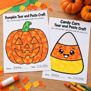 Op de afbeelding: Twee witte activiteitenbladen getiteld Pumpkin Tear and Paste Craft en Candy Corn Tear and Paste Craft. De pompoen bevat oranje papiersnippers en de maïssnoep bevat witte, oranje en gele papiersnippers met een gezichtje.