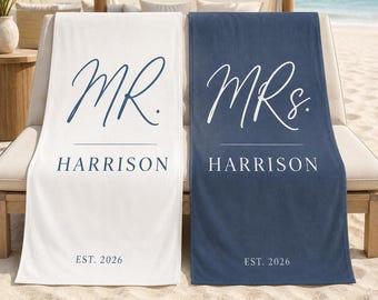Personalized Mr and Mrs Beach Towel Set, Custom Couple Towels, Wedding Gift for Couple, Honeymoon Beach Towels, Anniversary Gift