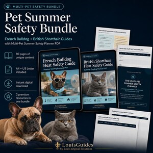 May include: A digital pet summer safety bundle featuring a French Bulldog heat safety guide, a British Shorthair heat safety guide, and a multi-pet summer safety planner. Includes 80 pages of content, A4 and US Letter formats, and digital downloads.