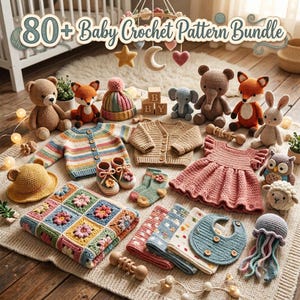 Über 80 Häkelanleitungen für Babys (PDF) | Amigurumi-Kuscheltiere | Babykleidung | Mütze, Strampler, Girlande | Sofortiger Download