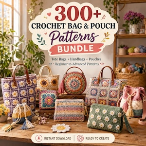 Può includere: Una collezione di varie borse e pochette all'uncinetto con motivi floreali e a righe in diversi colori. L'immagine include il testo 300+ CROCHET BAG & POUCH Patterns BUNDLE, Tote Bags, Handbags, Pouches, Beginner to Advanced Patterns.