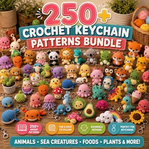 Puede incluir: Un gráfico digital con el texto 250+ CROCHET KEYCHAIN PATTERNS BUNDLE, que muestra una gran colección de pequeñas figuras de ganchillo coloridas, incluyendo animales, criaturas marinas, plantas y alimentos, cada una con una anilla de metal.
