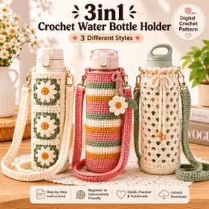 May include: Three crochet water bottle holders with adjustable straps. The left features white daisy motifs on green squares. The center has horizontal stripes in pink, green, and yellow with a small flower charm. The right is a cream open-work mesh.