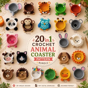 Virkade djurunderläggsmönster i PDF-format, Amigurumi-underläggsset, digital nedladdning, virkhandledning för söta djurunderlägg, nybörjarvänlig