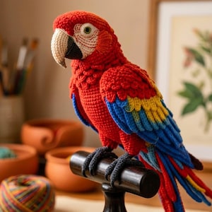 May include: A crocheted scarlet macaw parrot figurine featuring vibrant red, bright yellow, and deep blue yarn plumage. The bird has a textured cream and black beak, dark grey feet, and is perched on a black cylindrical wooden stand.
