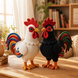 Op de afbeelding: Twee gehaakte haan-figuren staan naast elkaar. De ene haan is wit met een rode kam, gele snavel en een staart met blauwe, gele en rode strepen. De andere is zwart met een rode kam, oranje snavel en een staart met groene, rode en blauwe strepen.