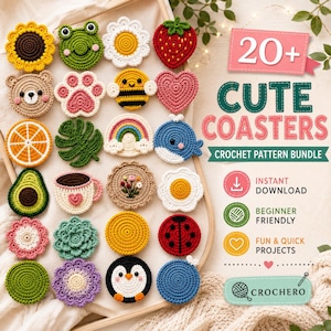 May include: A collection of twenty-plus crocheted coasters featuring various shapes including a sunflower, frog, strawberry, bear, paw, bee, heart, orange slice, leaf, rainbow, whale, avocado, coffee cup, flower, egg, succulent, ladybug, and penguin.