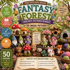 Könnte beinhalten: Ein Häkelmuster-Paket mit dem Titel The Stitching Haven Fantasy Forest mit 50 einzigartigen Designs. Das Bild zeigt verschiedene gehäkelte Figuren wie Gnome, Feen, Tiere und Häuser sowie ein aufgeschlagenes Buch mit Schritt-für-Schritt-Anleitungen.