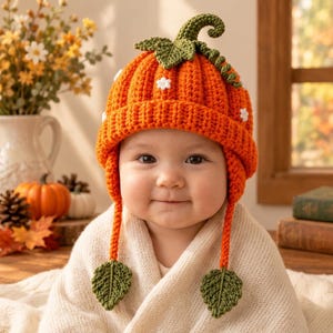 May include: A bright orange crochet pumpkin hat featuring a green stem and leaf on top, small white flower accents, and two long braided earflaps ending in green crochet leaves. The hat has a ribbed texture and covers the ears.