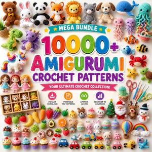 May include: A collection of numerous colorful crocheted amigurumi figures including animals, food, and holiday items, surrounding the text MEGA BUNDLE 10000+ AMIGURUMI CROCHET PATTERNS YOUR ULTIMATE CROCHET COLLECTION with icons for download and access.